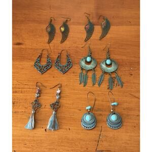 Boho Earrings Bundle 6 Pair Turquoise Tribal Dreamcatcher Angel Wind Tassel Boho